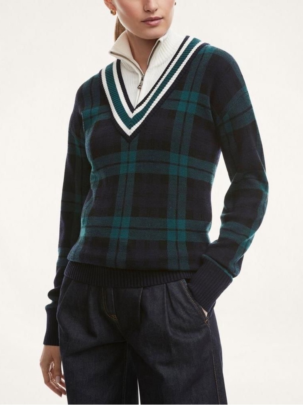 Brooks Brothers Navy & Green Plaid V-Neck Sweater with Zip Mock Collar